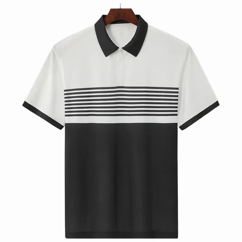 Striped Polo Shirt Men Plus Size 1XL-7XL 110-180kg Short Sleeve T-Shirt Loose Polos Oversized Tops Grey White Big Male Clothing