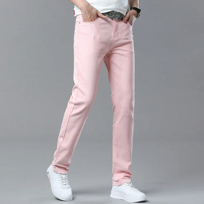 Straight Fashion Men's Jeans Solid Color Casual Business Stretch Washed Denim Trousers Breathable Streetwear Trendy Male Pants