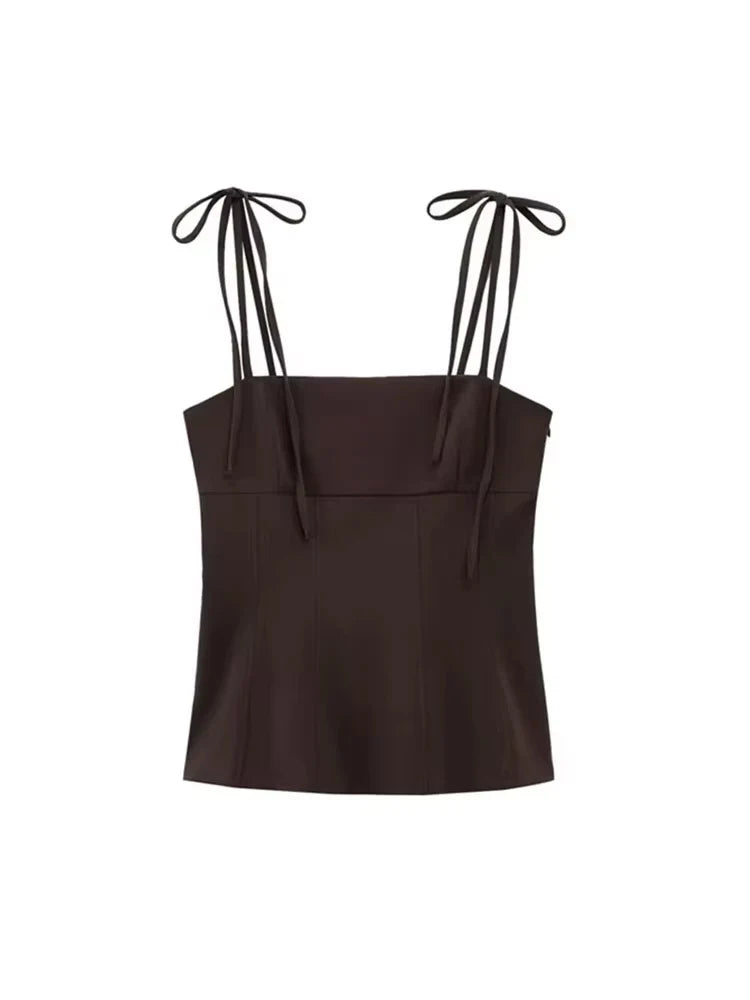 Women's Fashion Tank Top with Bows Straight Neck Thin Straps Female Camis Mujer  Stylish Summer Top