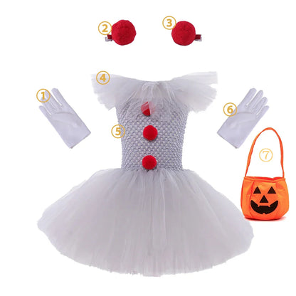 Halloween Clown Dress Kids Horror Movie Cosplay Costume Set for Girls Carnival Party Party Dress Up Clowns Clothing 3-10Yre