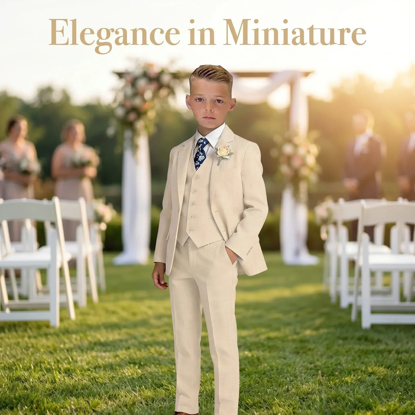 Ship Today Wedding Ring Bearer Page Boy Tuxedo Communion Suit Boy's Formal Linen Suit 4-Piece Jacket Vest Pants Tie Bowtie