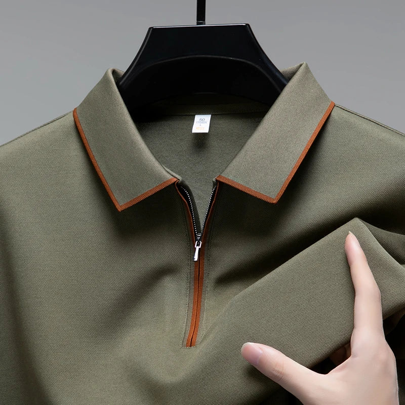 Light luxury brand long sleeved men's polo shirt autumn fashion flip collar half zipper design boutique top silk casual T-shirt