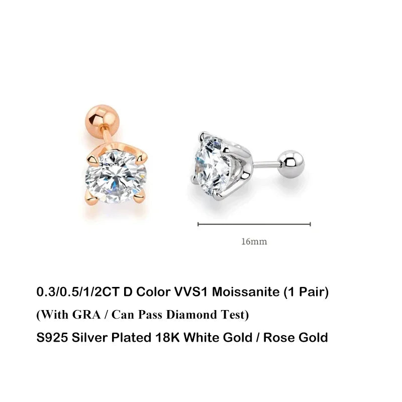 4 Prong GRA Certified 0.3-2CT D Color Moissanite Earrings for Women Men 925 Silver Plated 18K Gold Party Ear Studs Gift