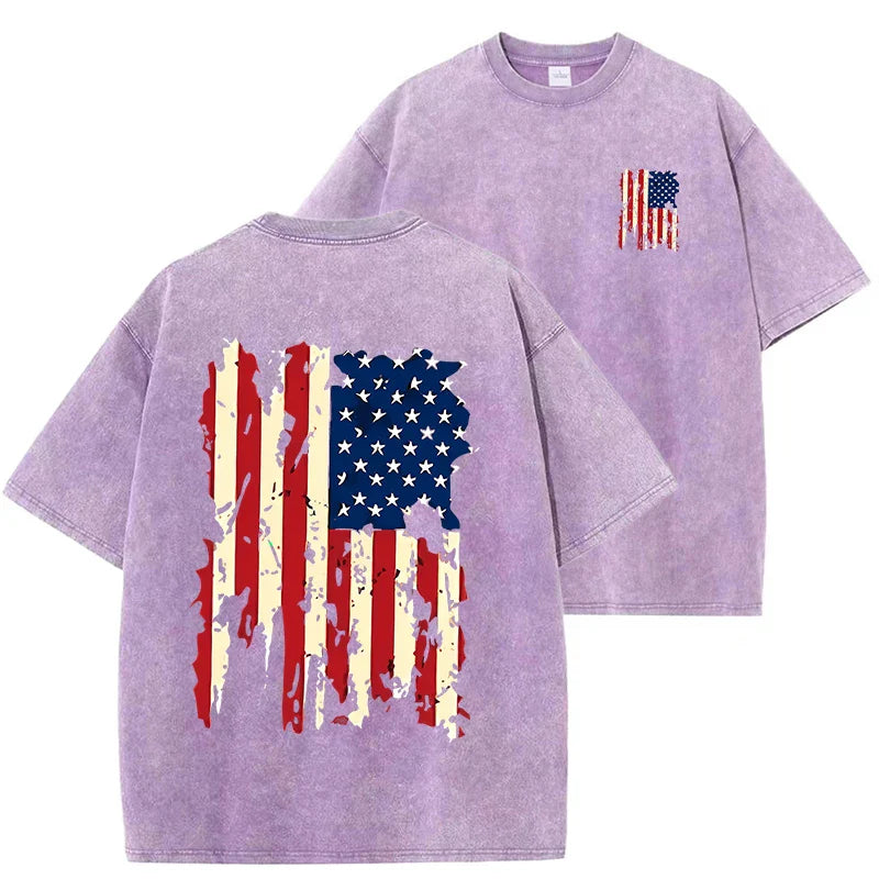 Set American Flag Graphic Prints Men Tshirt Summer Vintage Washed Cotton Tees Loose Short Tee Clothing Medium Strecth Tops
