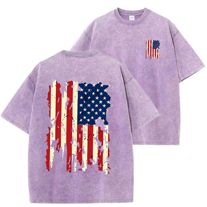 Set American Flag Graphic Prints Men Tshirt Summer Vintage Washed Cotton Tees Loose Short Tee Clothing Medium Strecth Tops