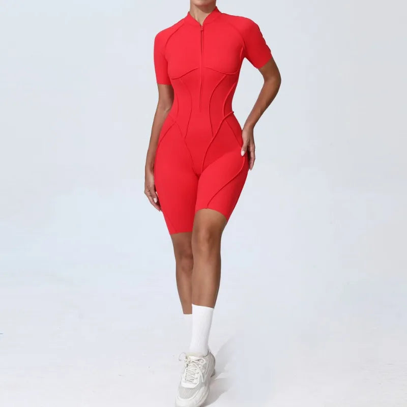Zipper Short-sleeved Yoga Sports Fitness Jumpsuits Sets Without Chest Pad Tight Bodysuits Shorts Gym Workout Clothes for Women