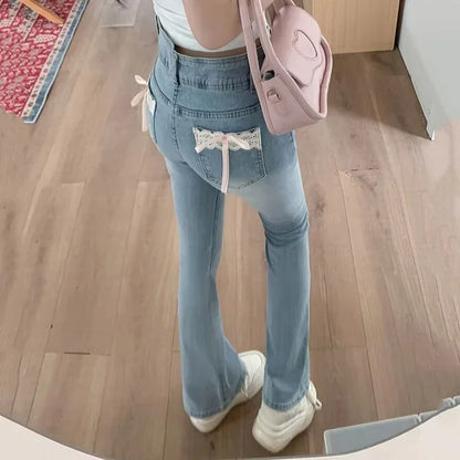 Girls Sweet Lace Bowknots Decoration Blue Flare Jeans