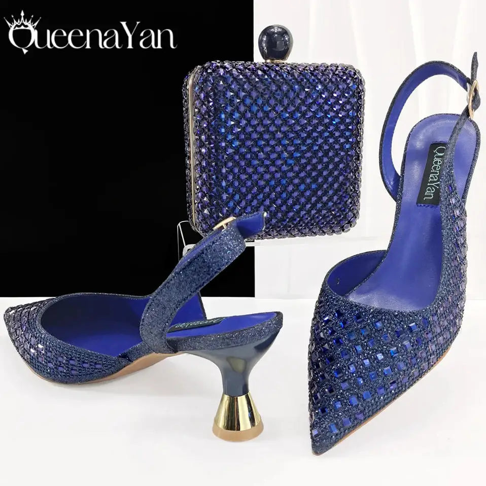 Italian Design Rhinestone Luxury Green Colour Pointed Toe Shoe & Bag Set Women's High Heels for Parties High Quality