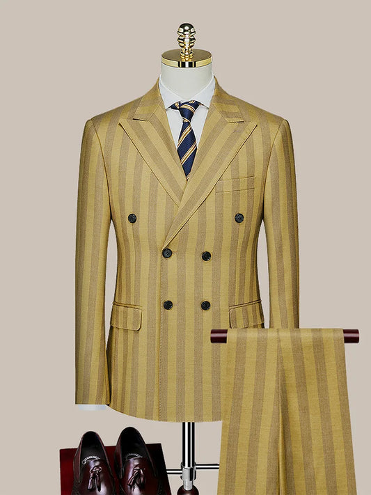 Double Breasted Men Suit Set Yellow Stripe Leisure Wedding Groom Wear Spring Autumn Korea Slim Style Business Man Daily Clothing