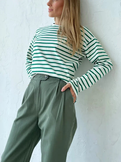 2025 Summer Long Sleeve Striped T-Shirts Women Basic Casual Tops Female Cozy Loose Cotton Tees Harajuku T Shirt New