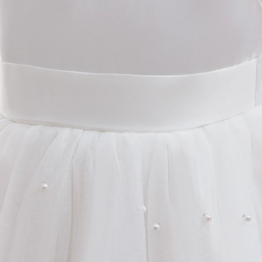 Girls White Wedding Pearls Elegant Pageant Princess Dress For Girls Backless Big Bow Wedding Bridesmaid Birthday Party Ball Gown