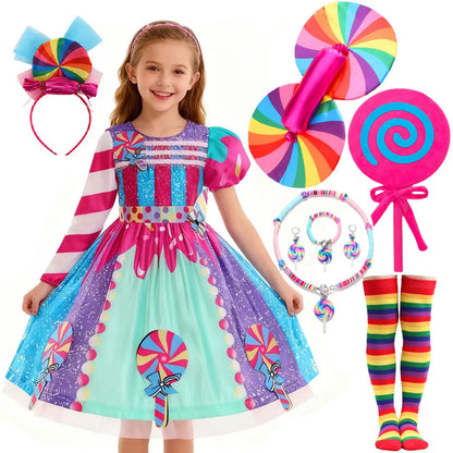 Presente Clássico para Festa de Carnaval de Purim para Meninas Vestido Arco-Íris Assimétrico Longo e Curto com Manga Doce Conjunto de Vestidos Fofos para Férias de Natal