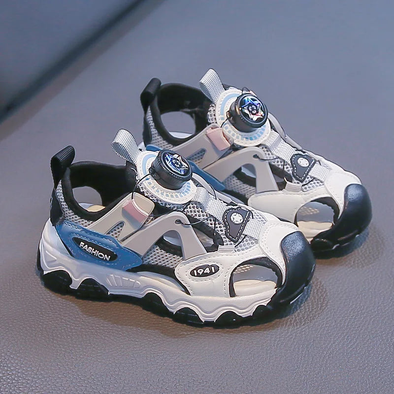 Kids Shoes Rotating Button Closed-Toe Boys Sandals Breathable Mesh Sport Shoes for Boys, Non-Slip Children Summer Sneakers