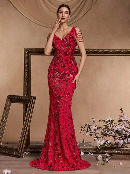Elegant Deep V-Neck Red Sequin Formal Evening Dresses Women 2024 Beading Wedding Party Mermaid Cocktail Prom Gown