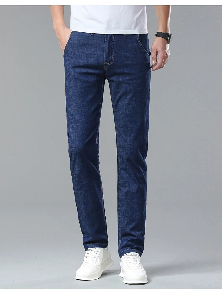Men's Ice Silk Jeans Summer New Lyocell Thin Business Casual Denim Pants Classic All Match Slim Fit Straight Elastic Jean Male