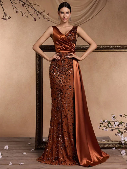 Elegant V-neck Splice Ribbons Sequins Evening Dresses Woman Sleeveless Mermaid Formal Luxury Wedding Party Prom