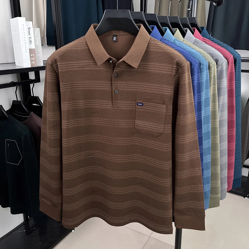 2025 long sleeved men's spring and autumn collar striped pullover top with loose pockets polo shirt