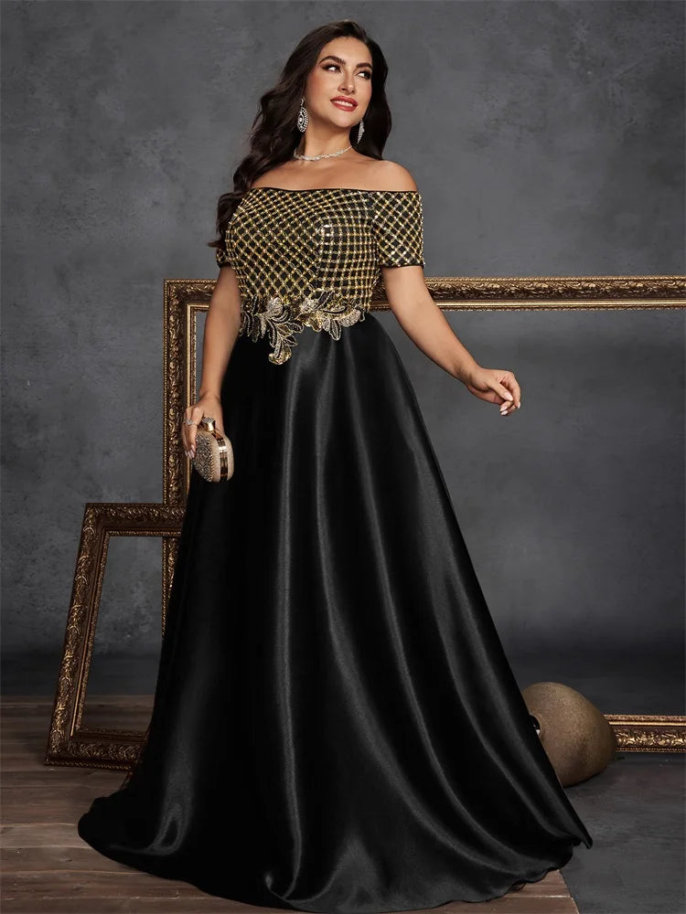 Plus Size Elegant Short Sleeve Sequins Splicing Formal Evening Dresses Women Luxury Party Bridesmaid Cocktail Gowns