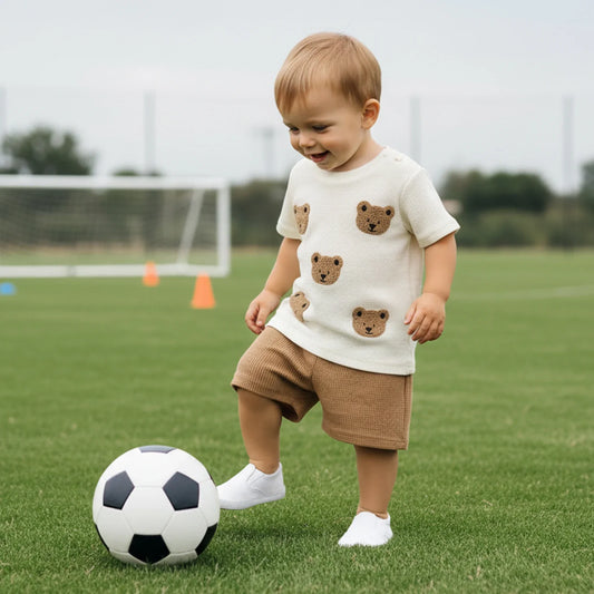 Summer Toddler Baby Boys Shorts Sets Short Sleeve O Neck Bear Embroidery Tops Solid Color Shorts Clothes