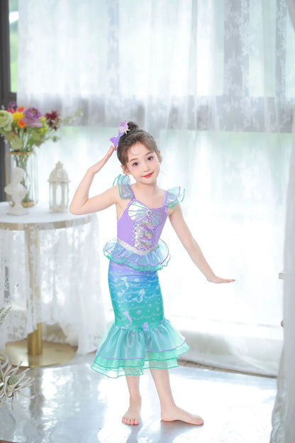 Ariel Cosplay Princess Costume Kids Cartoon Printed Dress Girls Halloween Children Carnival Birthday Party Clothes