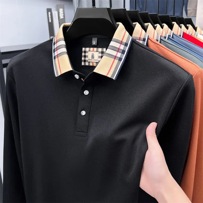 Men's Plaid Long Sleeve Polo Shirt Autumn Winter Casual Office Outdoor Fashion Top Commercial Collar Trendy Men's Clothing