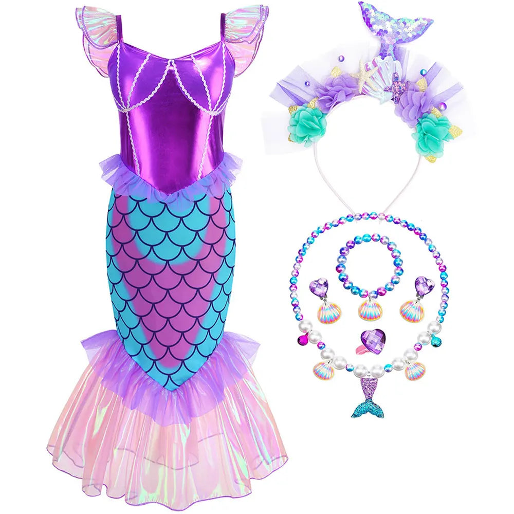Blue Red Purple Three Colors Mermaid Flying Sleeve Fishtail Beautiful Dress For Girl Summer Beach Party Cool Swimsuit Set