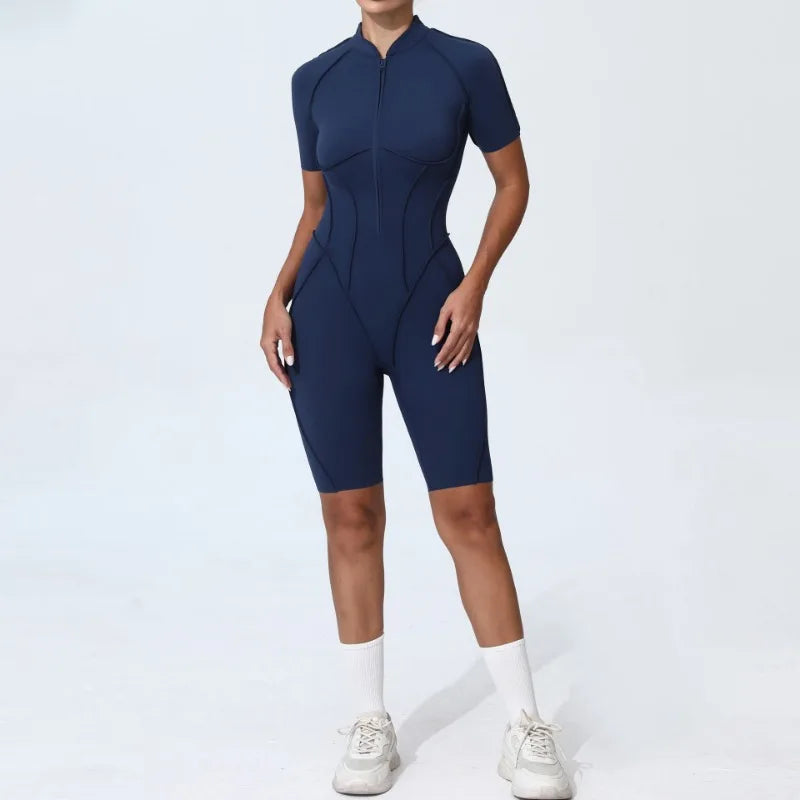 Zipper Short-sleeved Yoga Sports Fitness Jumpsuits Sets Without Chest Pad Tight Bodysuits Shorts Gym Workout Clothes for Women