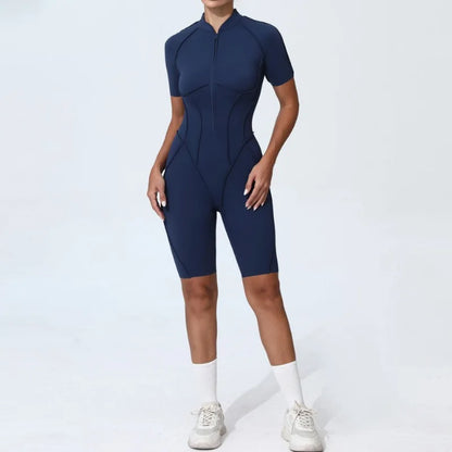 Zipper Short-sleeved Yoga Sports Fitness Jumpsuits Sets Without Chest Pad Tight Bodysuits Shorts Gym Workout Clothes for Women