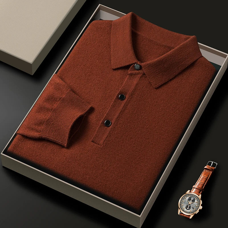 Fashion luxury knitted long sleeve polo shirt men's autumn new trend simple solid color soft skin friendly comfort lapel sweater