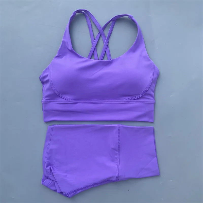 Solid Color gym bike Yoga Set short Legging +cross sport bra Tracksuit  Athletic Women Gym Suit Comprehensive Training Jogging