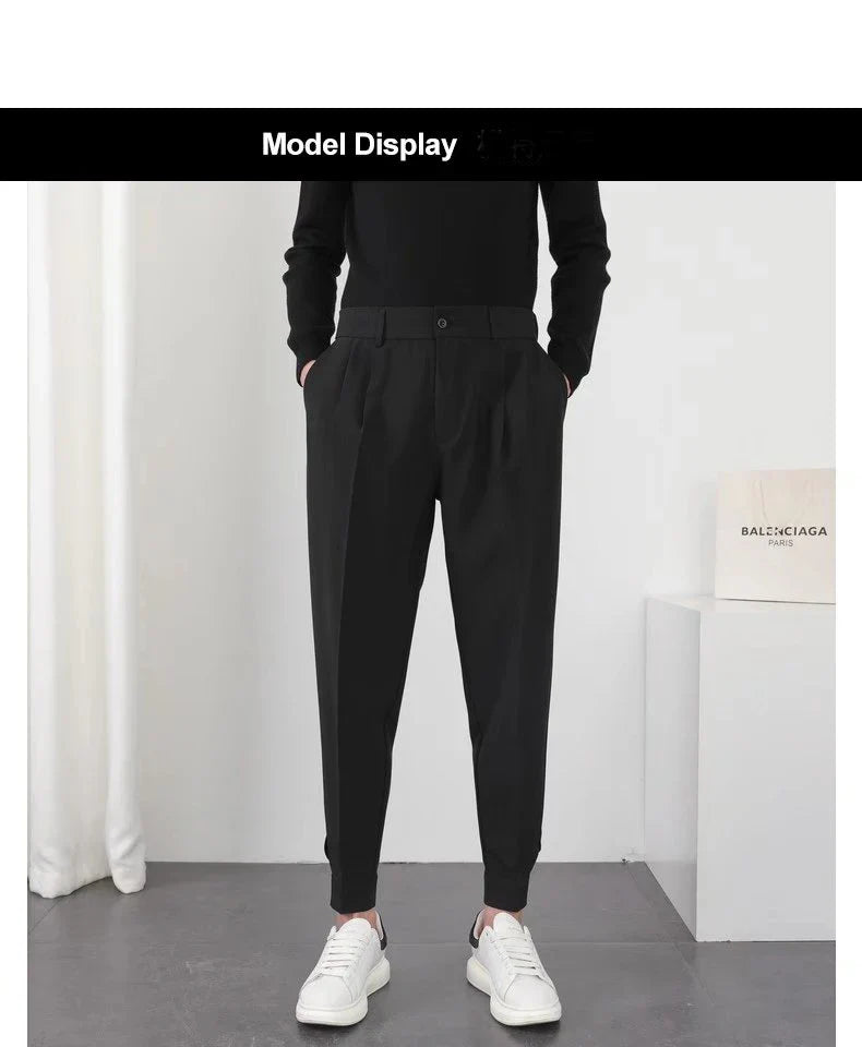 Fashion Men Casual Pants Elastic Waist Small Feet Slim Korean Style Pleated Tapered Male Blazer Pants Trousers Streetwear