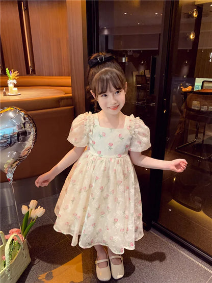 2024 Summer New Girls Princess Dress Full Print Flowers Puff Sleeve Bow Mesh DresseTutu Birthday Party Gown For 2-12 Years Kids