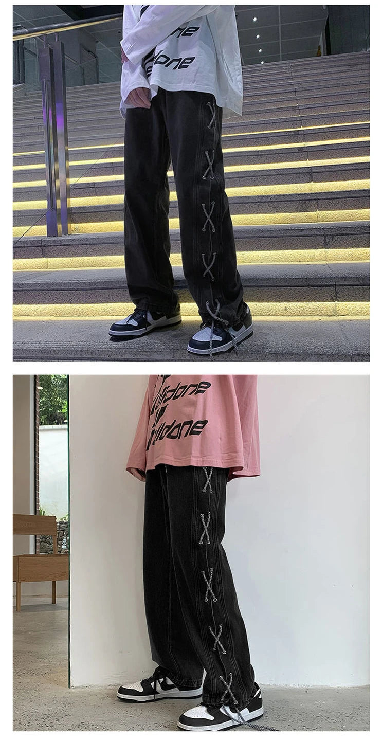 Streetwear Y2k Jeans Pants Lace Up Baggy Black Jeans Man Pants Designer Clothes Side Split 2023 Korean Fashion New