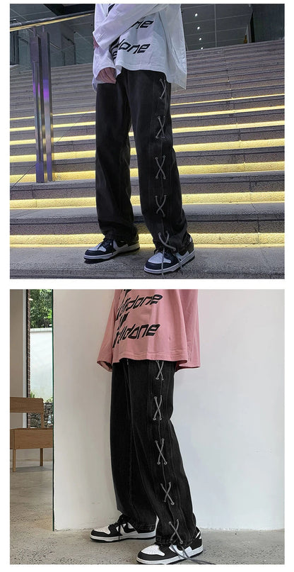 Streetwear Y2k Jeans Pants Lace Up Baggy Black Jeans Man Pants Designer Clothes Side Split 2023 Korean Fashion New