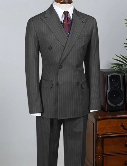 Gray Striped Men's Suit 2 Piece Set Man double-breasted Slim Fit Business Formal suit Casual Suit Jacket Pant Groom's suit dress