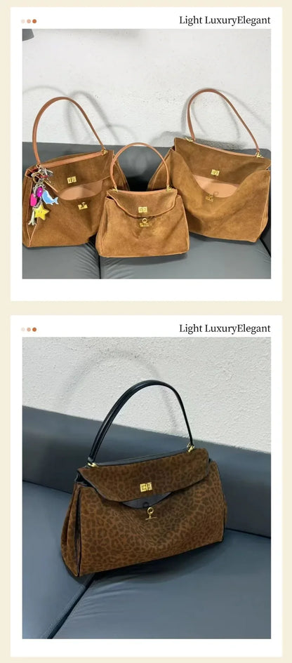 Suede Leather Tote Bag for Women Large Capacity Cowhide Shoulder Bag Designer Lock Satchel Chic Soft Nubuck Crossbody Purse