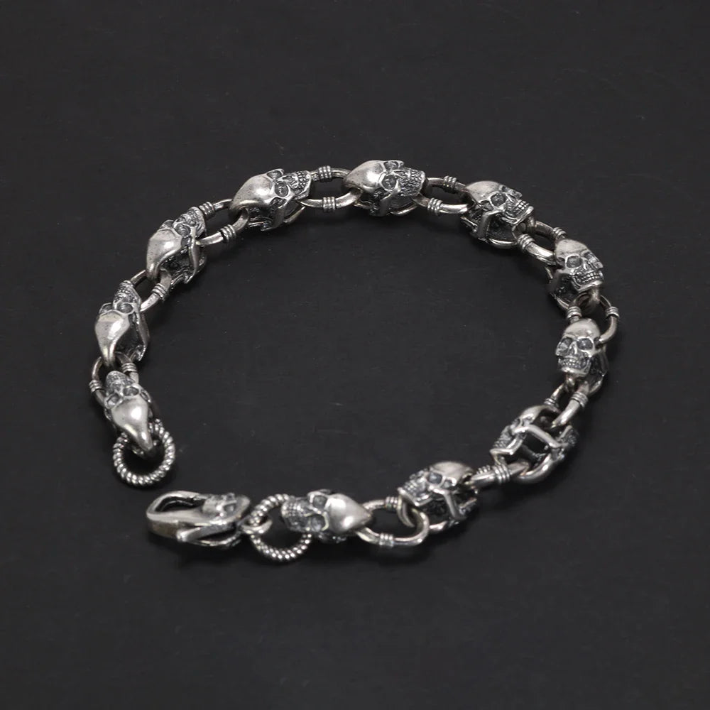 Real 925 Sterling Silver Skull Chain Bracelet for Men and Women Gothic Domineering Street Rock Jewelry Gift