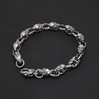Real 925 Sterling Silver Skull Chain Bracelet for Men and Women Gothic Domineering Street Rock Jewelry Gift