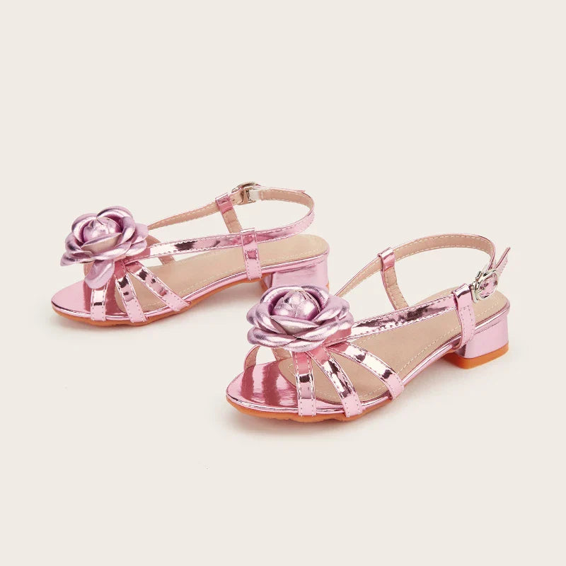 2025 Summer New Children's High Heels Fashion Flower Girls' Princess Sandals Silver Kid's Performance Dance Shoes 5-10 Years Old