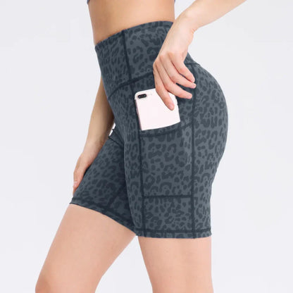 Women's printed nude yoga shorts with pockets skin-friendly tight stretch quick-drying sports fitness hiking running shorts