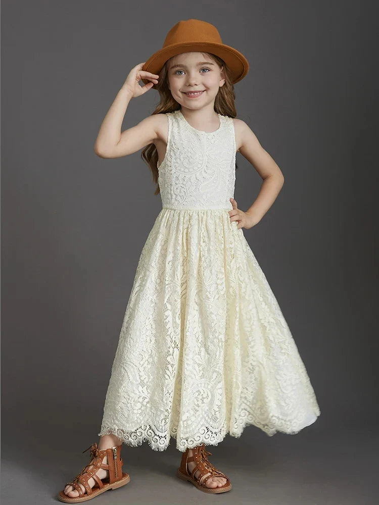 Princess Girls Lace Bohemia Long Dresses Baby Kids Flower Wedding Party Dress Cotton Lining Vestidos Costume Children Clothing