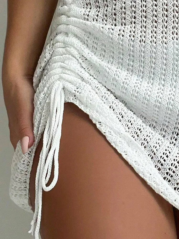 Elegant Drawstring Hollowed out Bikini Short Skirt Fashionable Knit Mini Skirt for Summer Beach Pool Party