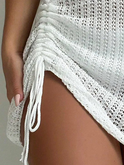 Elegant Drawstring Hollowed out Bikini Short Skirt Fashionable Knit Mini Skirt for Summer Beach Pool Party
