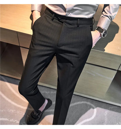 Men's Slim Fit Pinstripe Dress Pants, Stretch Comfort and Thickened Fabric for Business Casual Office Wear