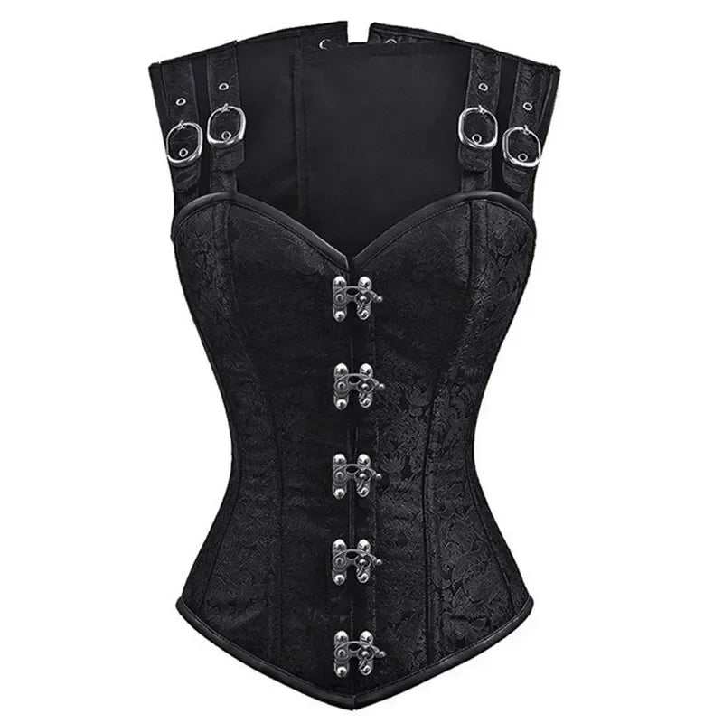 Women Corset with Shoulder Straps Overbust Bustier Plus Size Floral Jacquard Gothic Corset Top Steampunk Corset Vest