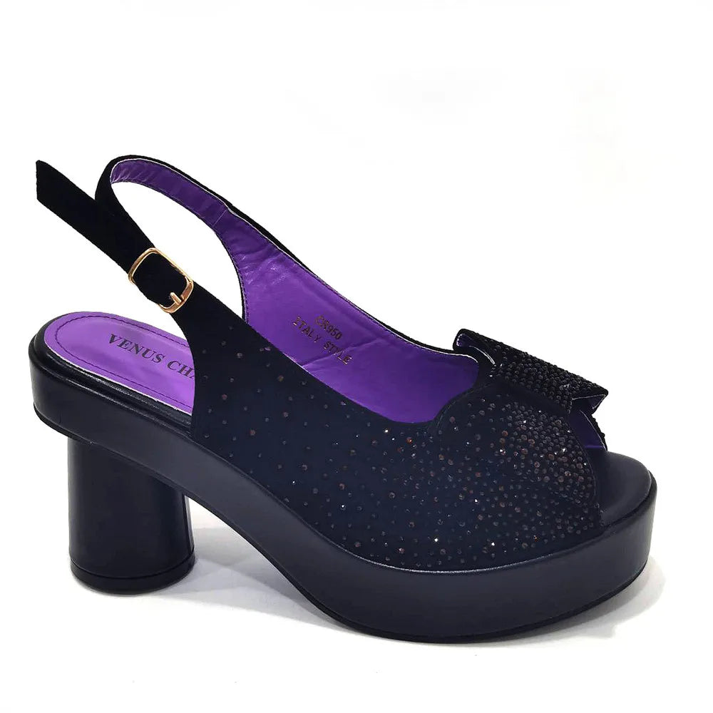 Silver Fashion Square Heels with Platform African Women Shoes and Bag Set Full Crystal Pumps for Wedding Party