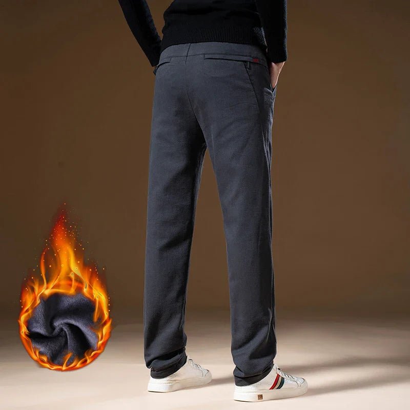 Korean Business Casual Fleece Men Pants Winter Thickened Straight Thermal Casual Pants Male Fashion Stretch Warm Velvet Trousers