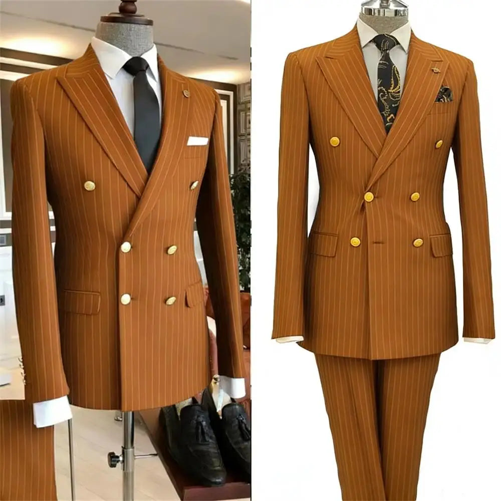 Men's 2 Piece Striped Suit Set Golden Double Breasted Lapel Jacket Elastic Pants Wedding Party Prom Dinner Travel 2026 New