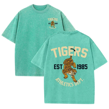 Stronger Tiger Sport Print Wash T Shirt Woman Summer Comfortable Washed Tee Casual Shortwear Soft Cotton Unisex Clothes