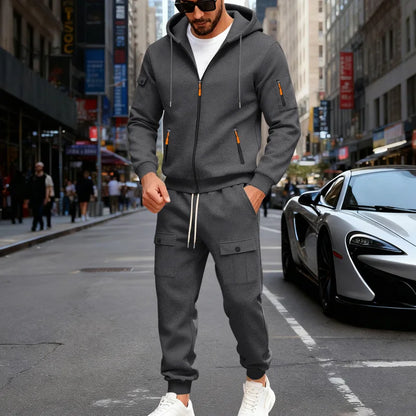 Autumn and winter men's velvet loose casual tooling outdoor sports fashion hooded sweater set